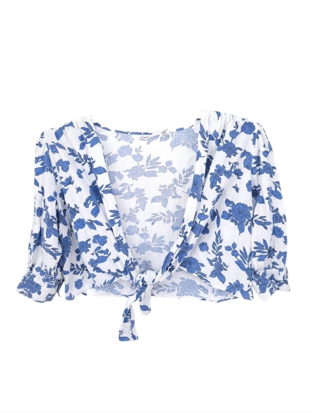 Anthropologie Midnight Sky Top Womens Large Crop V Linen Blend Floral Tie Blouse